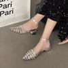 French Silver Rhinestone Temperament Sandals Women's 2024 Summer New One-word with Pointed Hollow Roman Shoes