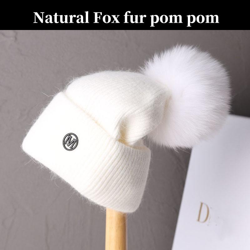 2023 Luxury Real Fox Fur Pom Pom Beanies Hat for Women Pompom Knitted Winter Hat Fashion Ear Protection Wool Hat