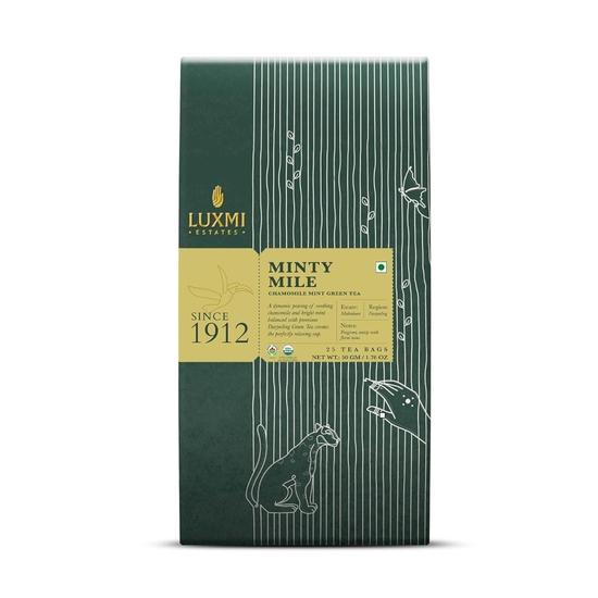 Luxmi Estates Minty Mile Chamomile Mint Green Tea 25 Tea Bags (50g) Pack | Certified Organic Green Tea | 50 Cups