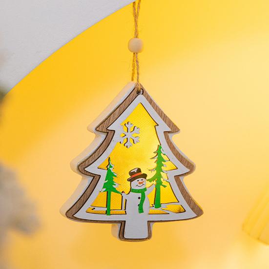 Wooden Christmas Decor with LED Light 3D Carved Hanging Wood Star/Village House/Bell/Gift Box Ornament for Xmas Tree Decor