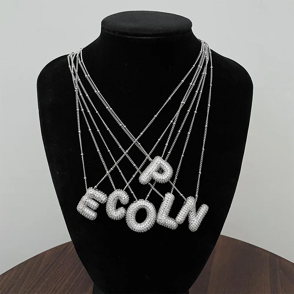 CZ Zircon Chunky Bubble Letters Pendant Necklace for Women Men Silver Color Initial A-Z Letter Necklace Charm Jewelry