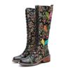 Genuine Leather Long Boots Women Shoes Handmade Retro Printed Color Matching Lace Up Mid-calf Boots