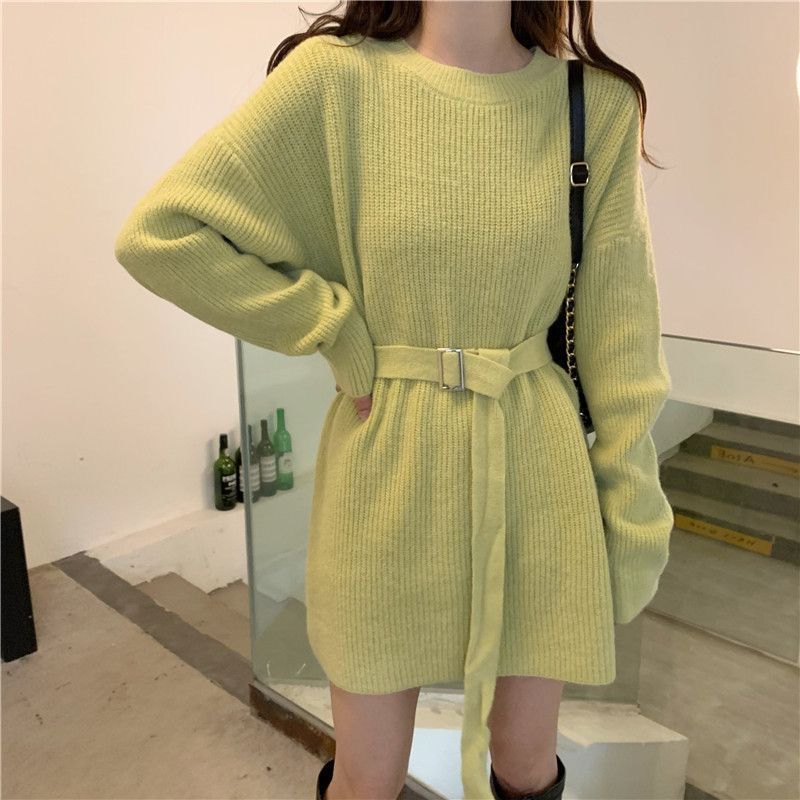 Ленивый стиль, свитер с талией, женское платье, осень-зима 2023, пуловер с круглым вырезом, длинным рукавом, вязаный свитер средней длины, женский топ