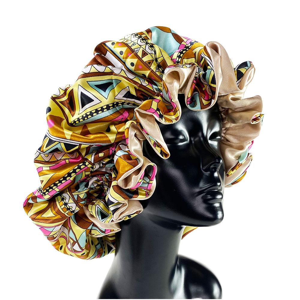 Hot Sale Reversible Double Layer Silk Print Shower Cap Popular Sleep Cap Designer Elastic Satin Hair Bonnet for Women