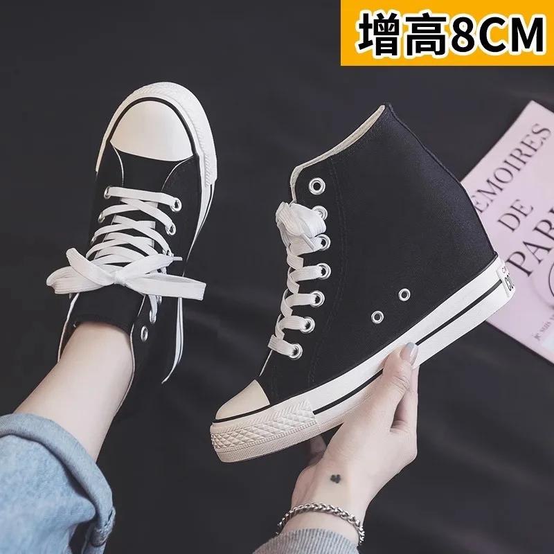 Новые туфли на каблуках 8 см, повседневные холщовые кроссовки, дизайнерские женские туфли на платформе и танкетке со скрытым каблуком, увеличивающие рост, белые и черные