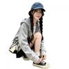 Womens Plaid Zip-Up Hooded Sweatshirt Oversize Loose Casual Jacket