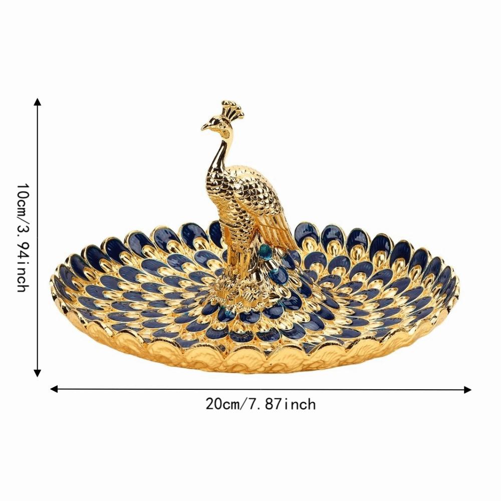 Metal Material Peacock Shape Tray Golden Blue Color Snack Serving Plate Home Storage