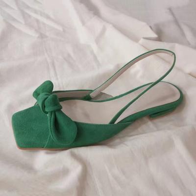 Французский бархат зеленый квадратный носок сандалии с открытым носком женские летние бантик плоские низкий каблук крутые тапочки