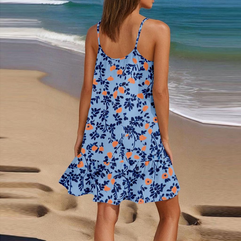 Женское модное повседневное платье без рукавов с круглым вырезом и цветочным принтом для пляжа