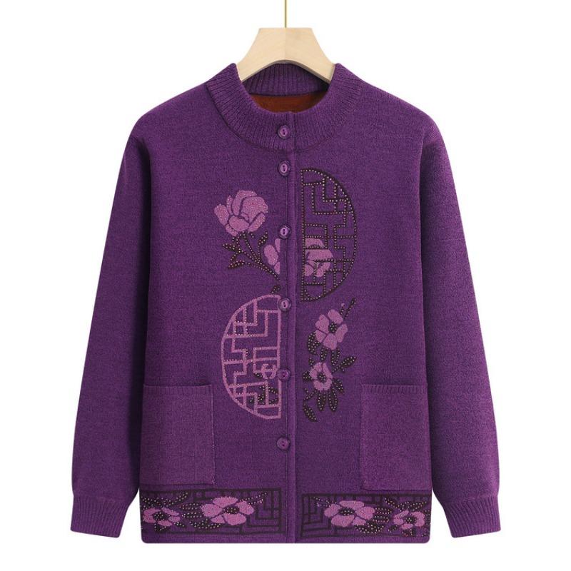 Middle-aged and Elderly Autumn and Winter Cardigan Top, Female Grandma Fleece Thickened Warm Jacket, Festive Knitted Sweater Mother Outfit