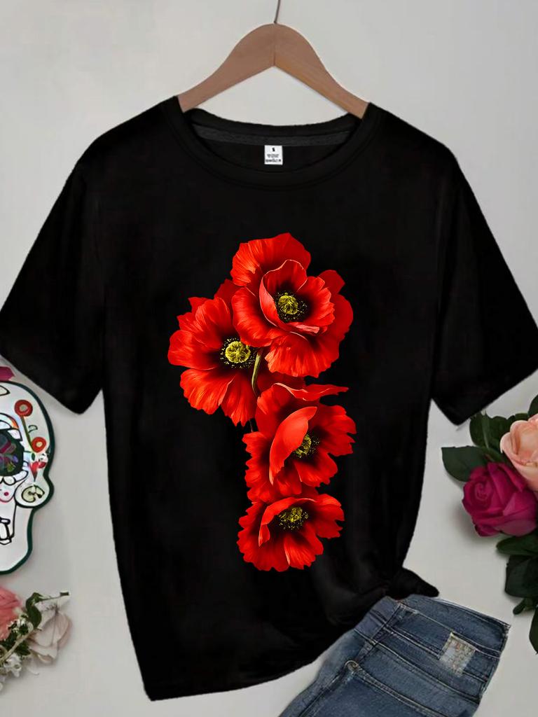 ZXHFlower print Womens round neck Tshirt summer casual short sleeved top street fashion Womens versatile