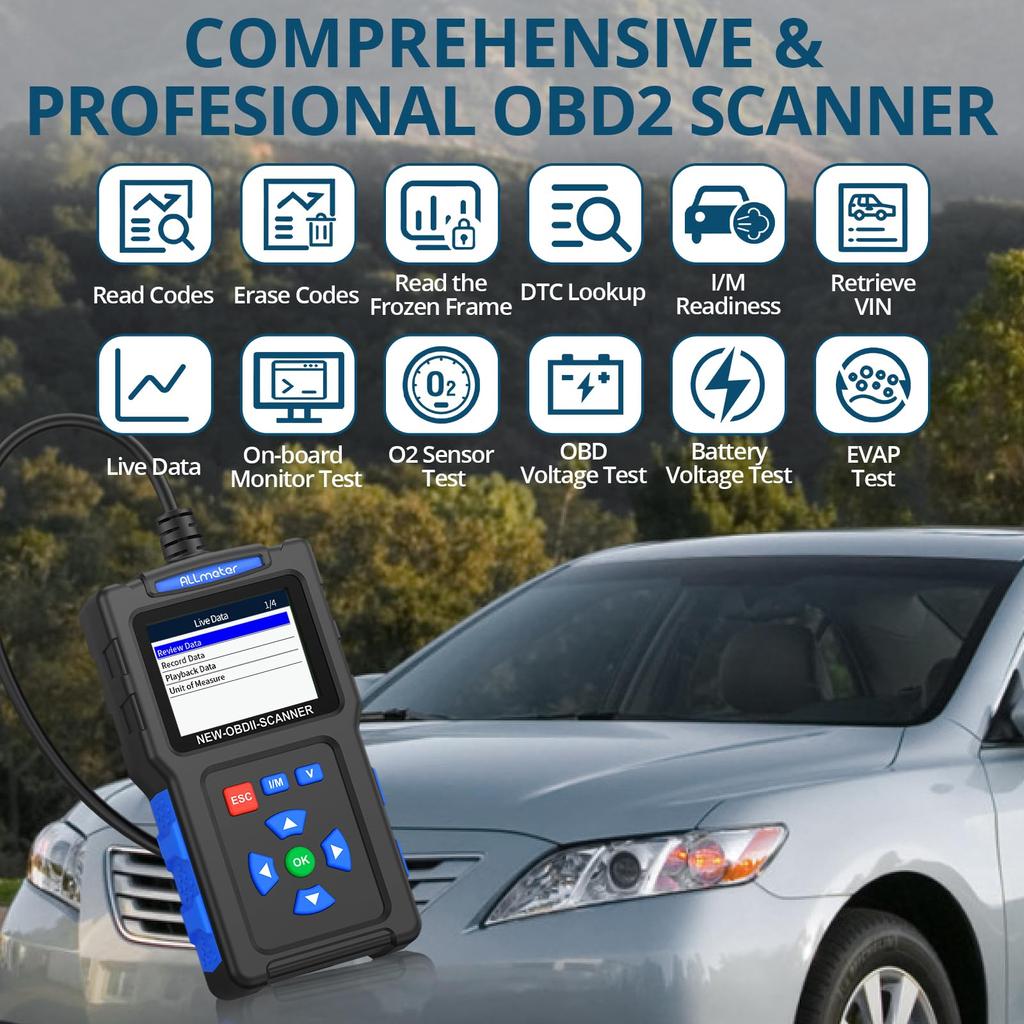 ALLmeter OBD2 Scanner OBDII Car Diagnostic Scanner - 2.4" Color Screen 9 Protocols Compatible with Most Vehicles from 1996 Onwards