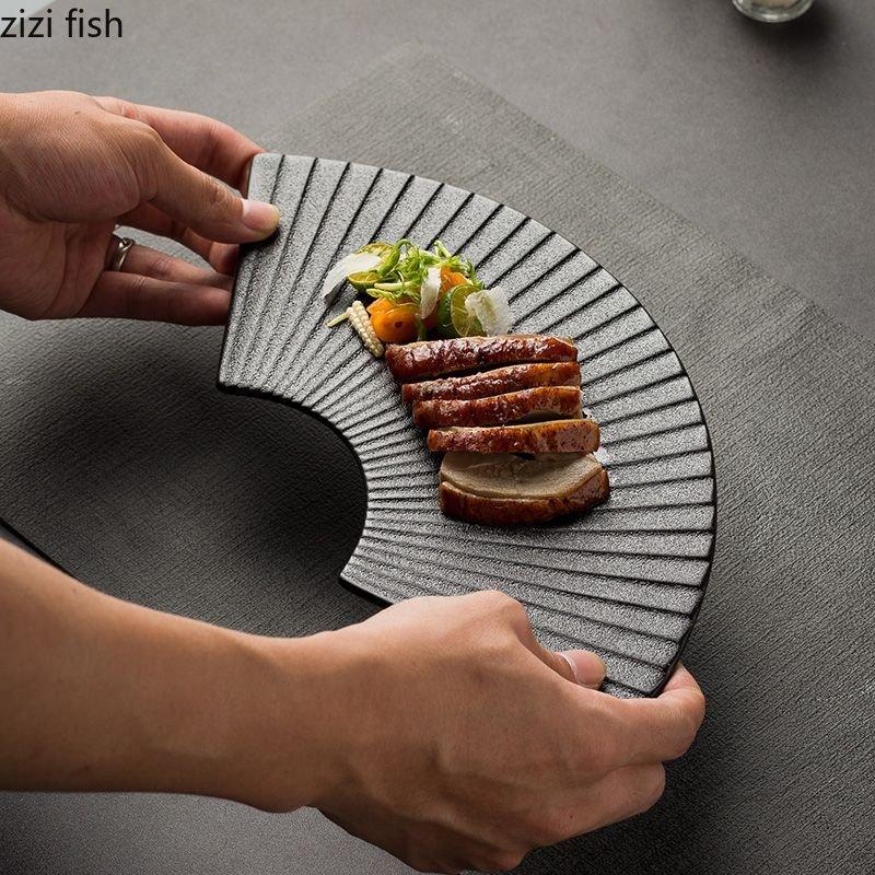 Керамическая обеденная тарелка для ресторана, креативная веерообразная полосатая тарелка для суши, десертная тарелка, тарелки для закусок, однотонная столовая посуда