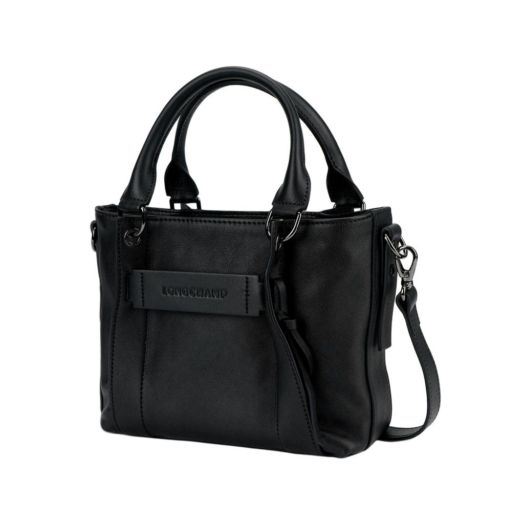 Longchamp 3D Front Logo Embellished Zipper Closure Tote Bag Shopping Bag Small Calfskin Handbag Small Women Tote Black 10197HCV001