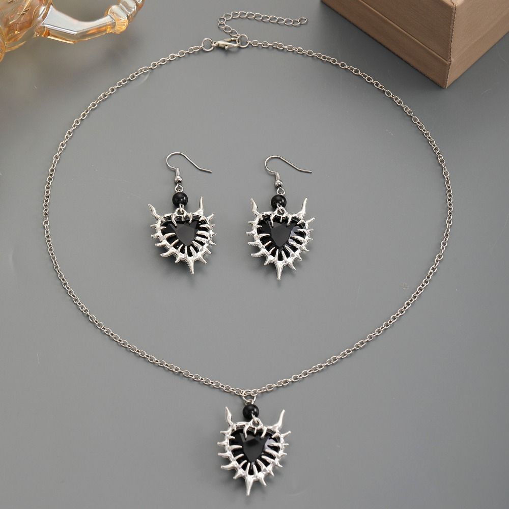 Zinc Zinc Alloy Thorn Love Pendant Necklace Luxury Dangle Earrings Set Black Necklace Earring Set Gift
