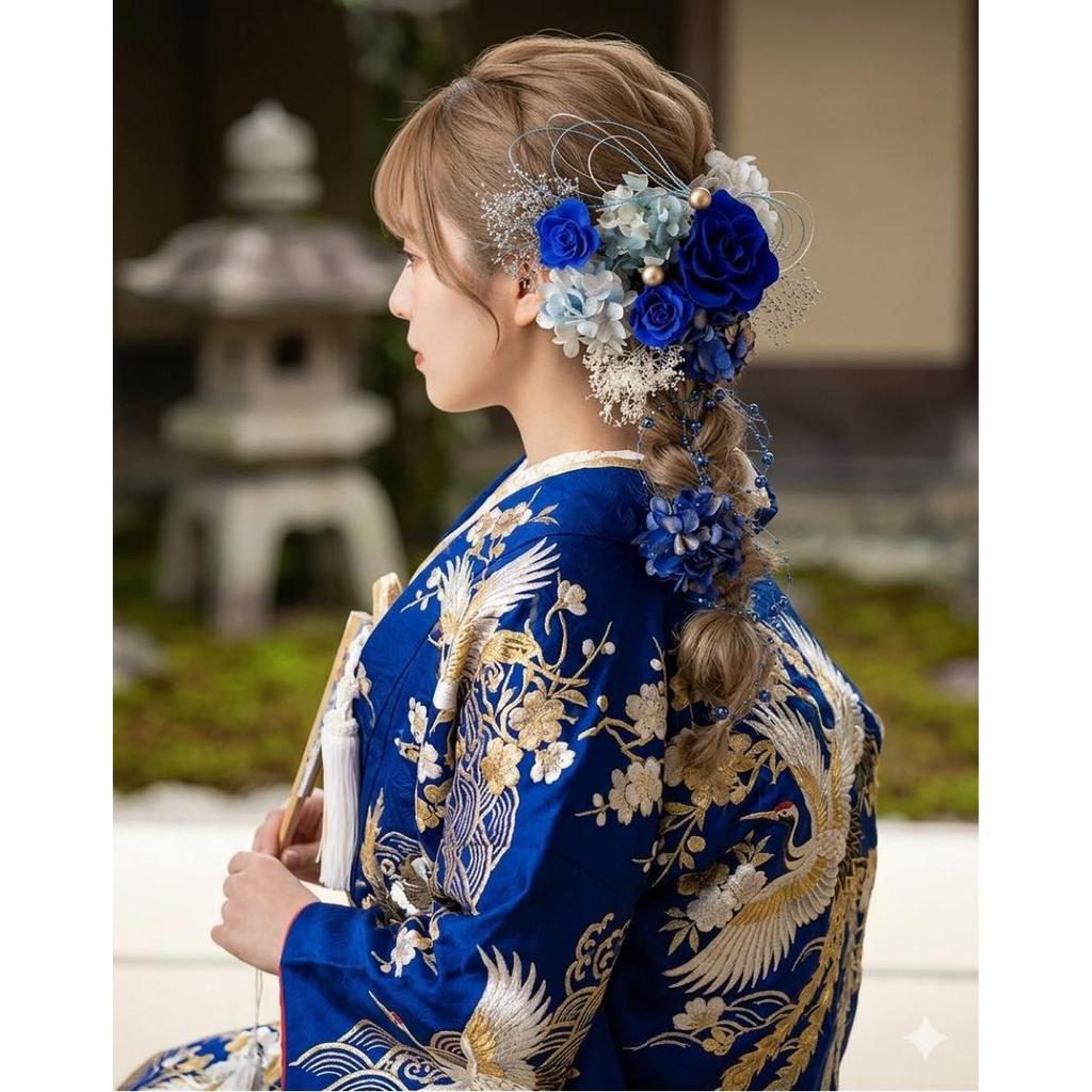Used Hair ornament headdress blue blue long-sleeved kimono coming-of-age ceremony graduation ceremony wedding ceremony kimono preserved flower rose