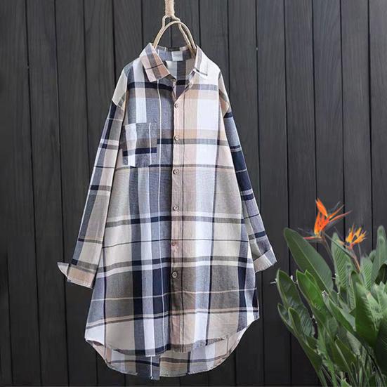 Женская рубашка с лацканами, длинным рукавом, цветной клетчатый принт, рубашка с карманом, свободный крой, однобортная рубашка средней длины