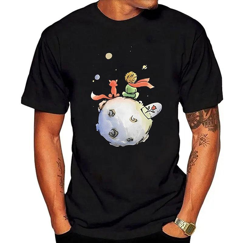 Летняя мужская футболка из хлопка с рисунком Маленького принца с графическим принтом Футболка с круглым вырезом и коротким рукавом Мужские футболки мужские