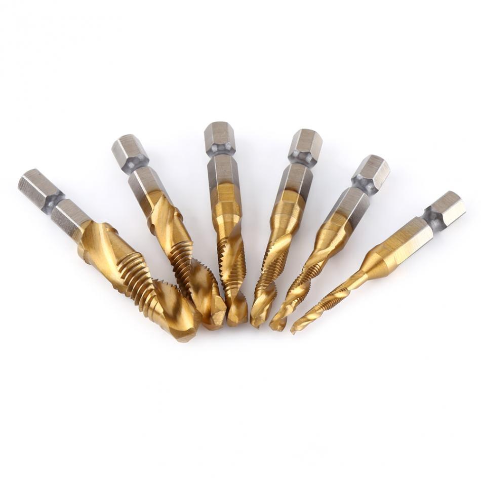 6pcs/Lot 1/4'' Hex Shank Thread Drill Bits HSS Coated Composite Tap Countersink Twist Metal Drilling Set Screw Tap Tool