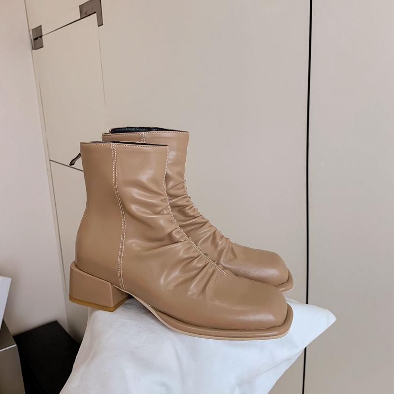 French Style Concise Pleated Ankle Boots Women Square Toe 4cm Block Middle Heels Back Zipper Casual Short Booties Female Shoes