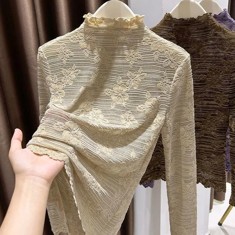 Пуловеры Топы Женские Длинные Рукава Осень Зима Блузка с Подкладкой Оверсайз Полувысокий Воротник Свободная Рубашка с Длинным Рукавом Приталенные Пуловеры Топы