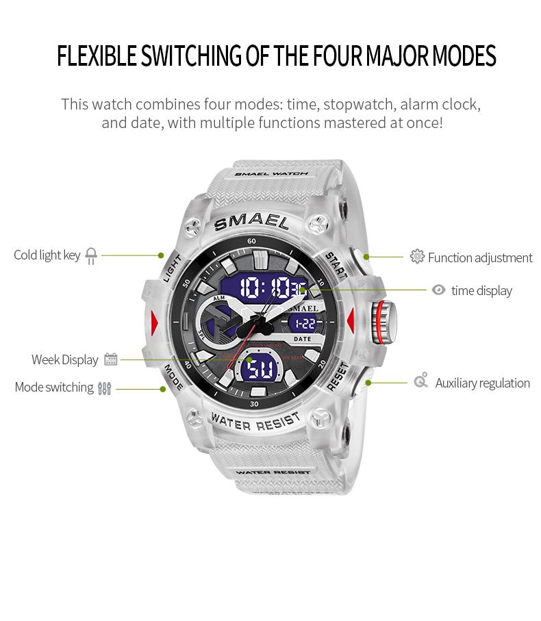 SMAEL Спортивные часы 50 м водонепроницаемые часы с двойным циферблатом и двумя часовыми поясами секундомер-будильник 8086 молодежные модные кварцевые наручные часы