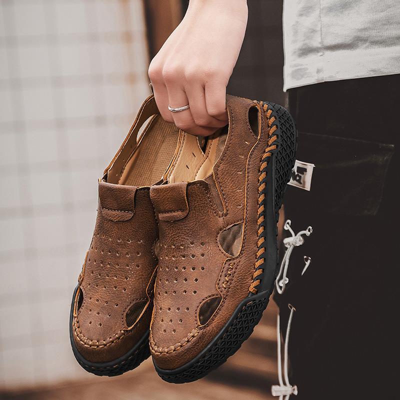 Мужские кожаные сандалии без застежек, прочные сшитые вручную туфли с закрытым носком, нескользящие туфли для использования в помещении, на открытом воздухе, на пляже