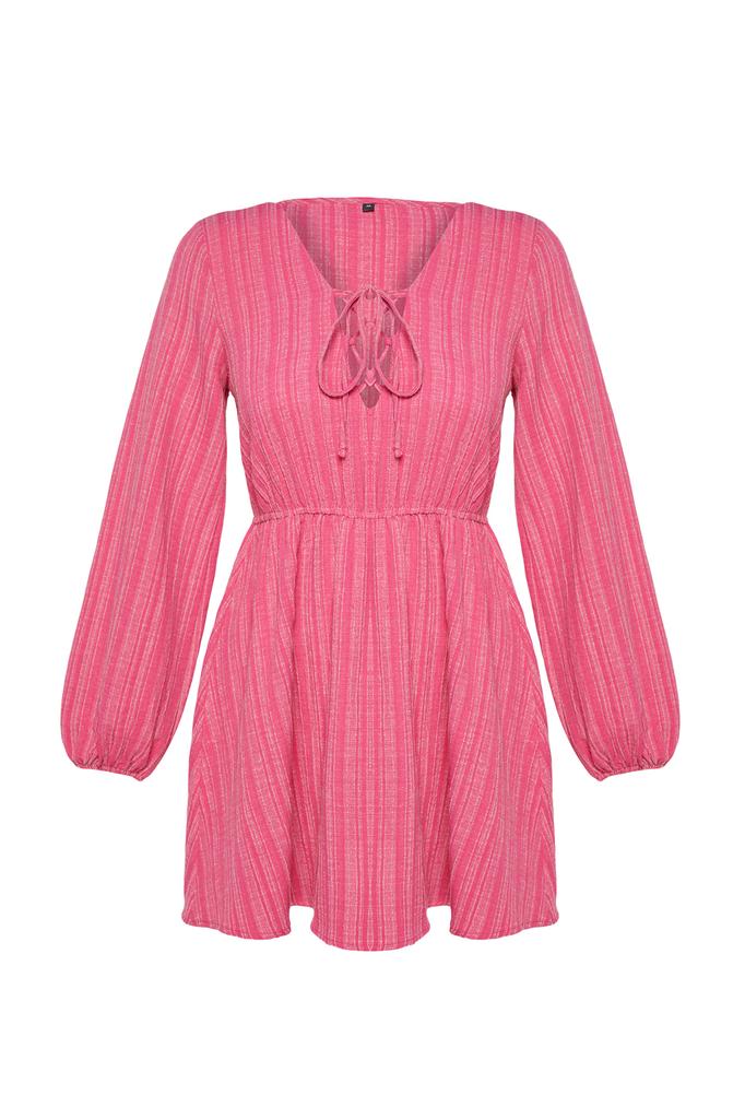 Women's Fashion New Dress Black Mini Woven Tie-Up Linen Blend Beach Dress