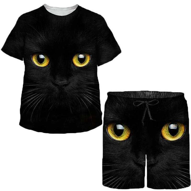 Летний комплект для детей, милый топ с короткими рукавами и шортами с принтом «Кейт», черный спортивный костюм, кавайные пижамы с героями мультфильмов для мальчиков и девочек
