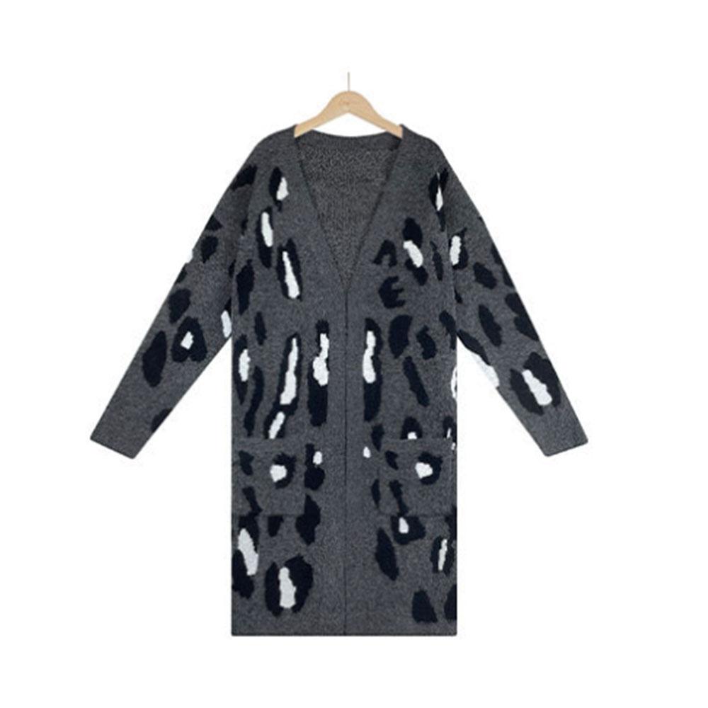 Зимний женский вязаный кардиган с v-образным вырезом и леопардовым принтом, свитер на Хэллоуин, длинное пальто, модное повседневное