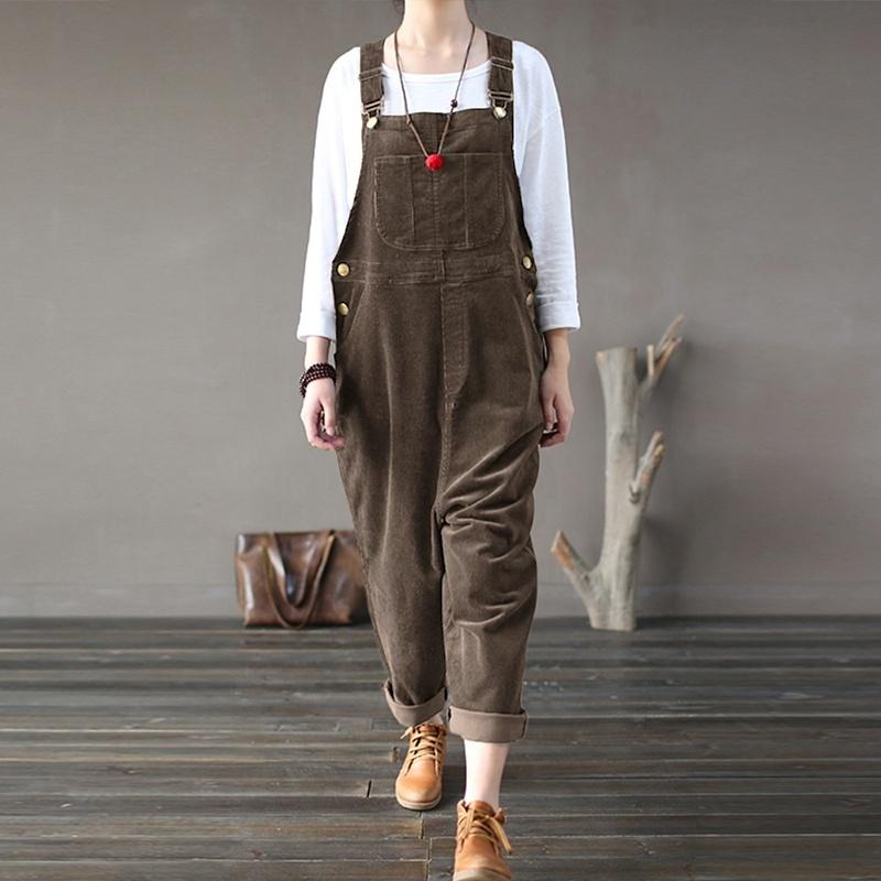 Vintage Women Corduroy Overalls Dungarees Solid Color Bib Pants Sleeveless Loose Jumpsuits Rompers