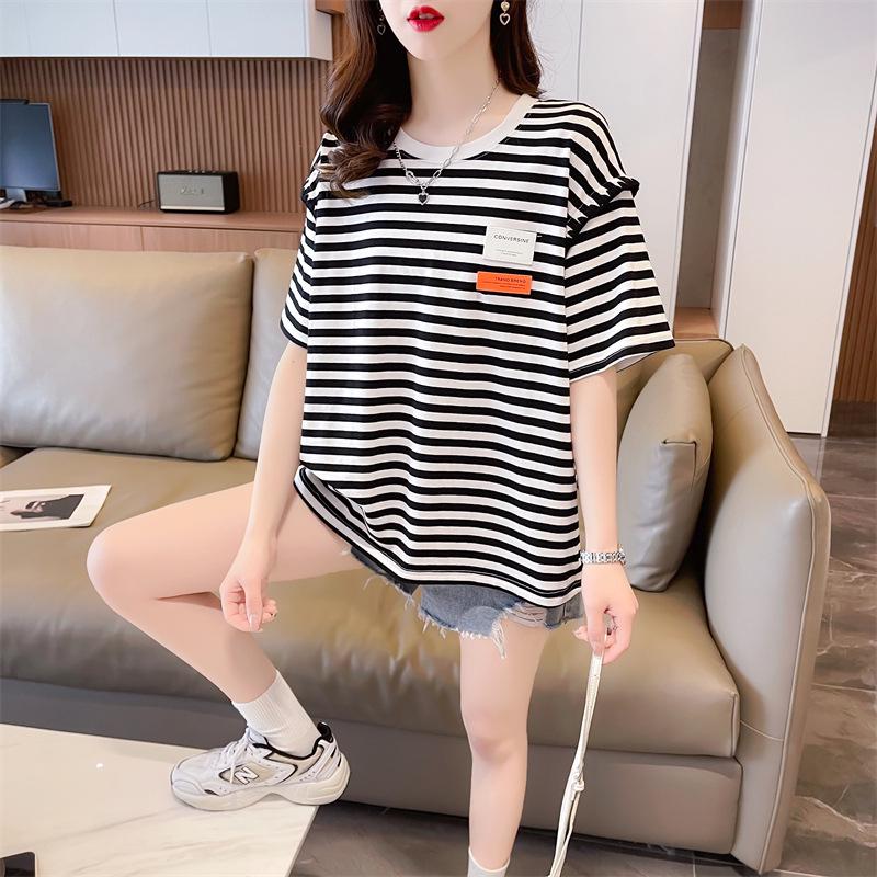 Женская полосатая хлопковая контрастная футболка в корейском стиле, свободный крой, размер плюс, лето 2025 г., модный круглый вырез