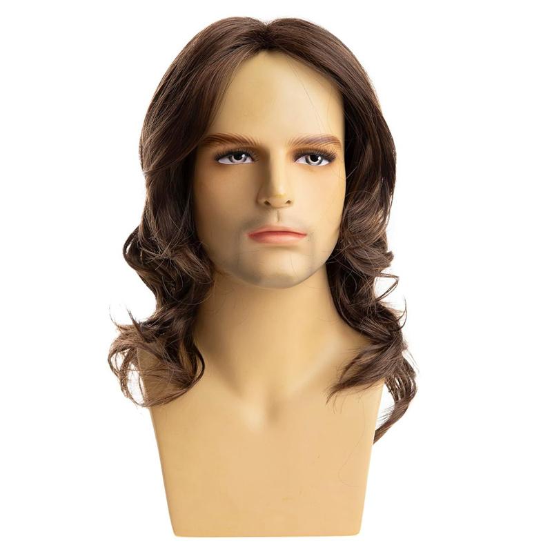Synthetic Natural Brown Wig Long Curly Hair for Men Daily Use Layered Wig with Bangs Gift Outfits Costume Party Wigs
