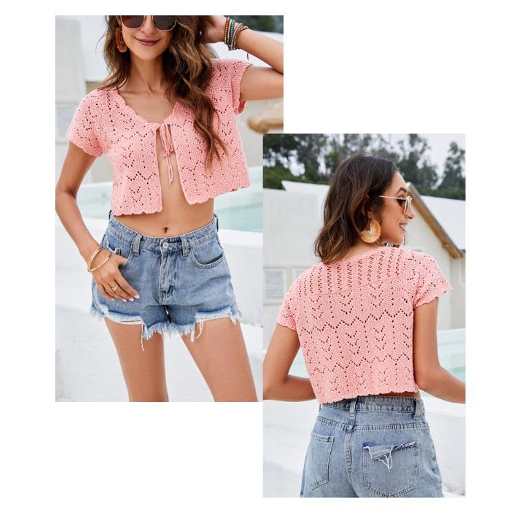 GMXIA Women's Vintage Casual Solid Color Print Spring Summer Hollow Short Sexy Crop Knitting Short Sleeve V-Neck Jackets & Coats