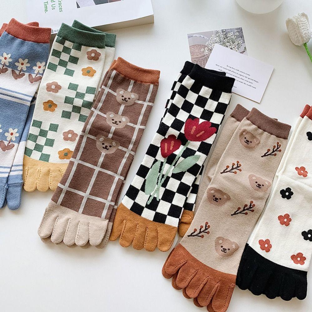 Breathable Five Finger Tube Socks Flower Toe Mid-calf Socks Soft Split Toe Short Socks  Daily