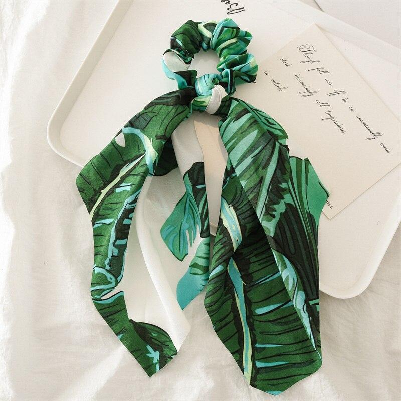 New Fashion Print Leaf Long Scarf Hair Band For Women Scrunchie Elastic Ribbon Bow Tie Ponytail Holder Hair Accessories Headwear