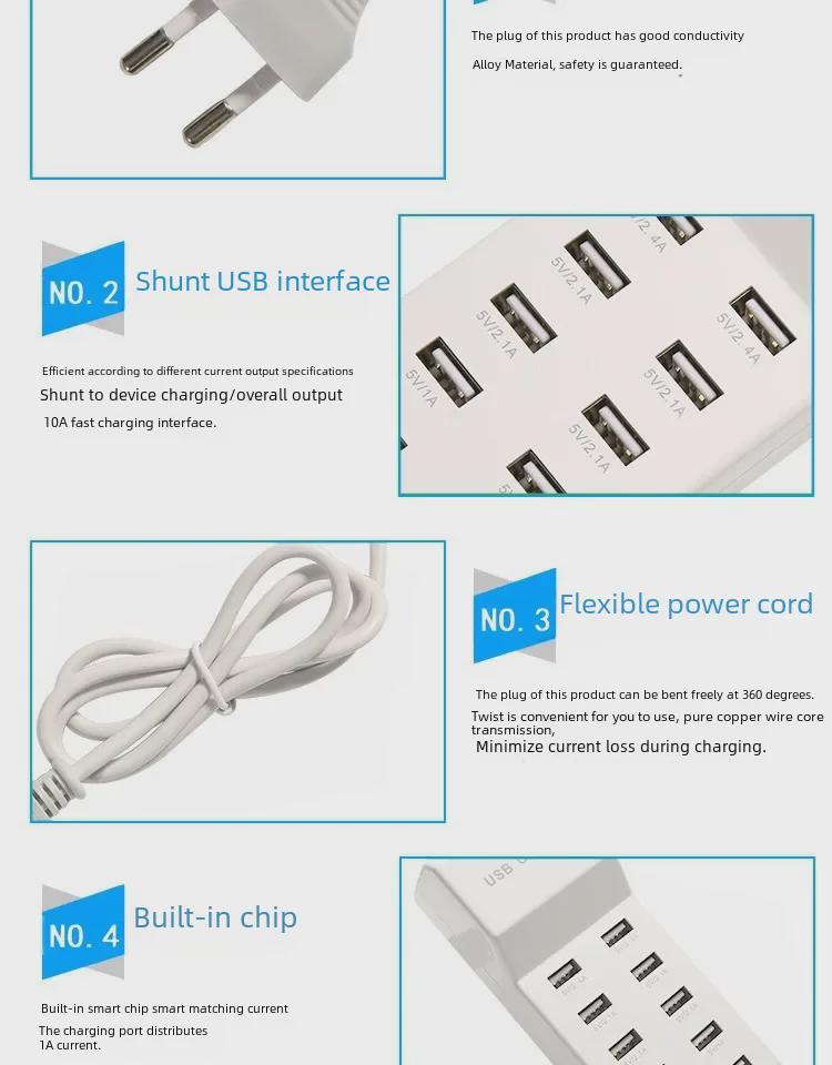 10-портовое 10A быстрое USB-зарядное устройство для телефонов и планшетов Android, интеллектуальная многогнездовая зарядная вилка 2.4A