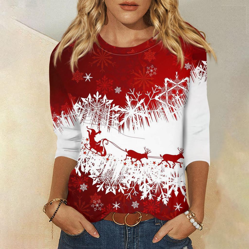Women's Fashion Casual Round Neck 3/4 Sleeve Loose Christmas Printed T-Shirt Ladies Top