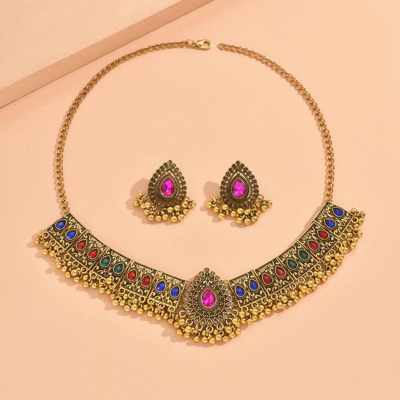 Pendant Tassel Stone Beads Women Decoration Necklace Earrings Vintage Jewelry Set