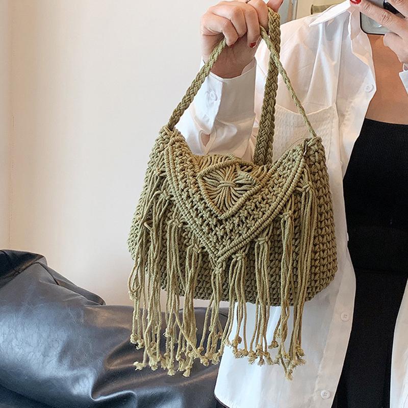 Fashion Casual Cotton Bag Hollow Tassel Beach Bag Flap Hand Woven Bag Cotton Rope Shoulder Crossbody Bag For Women