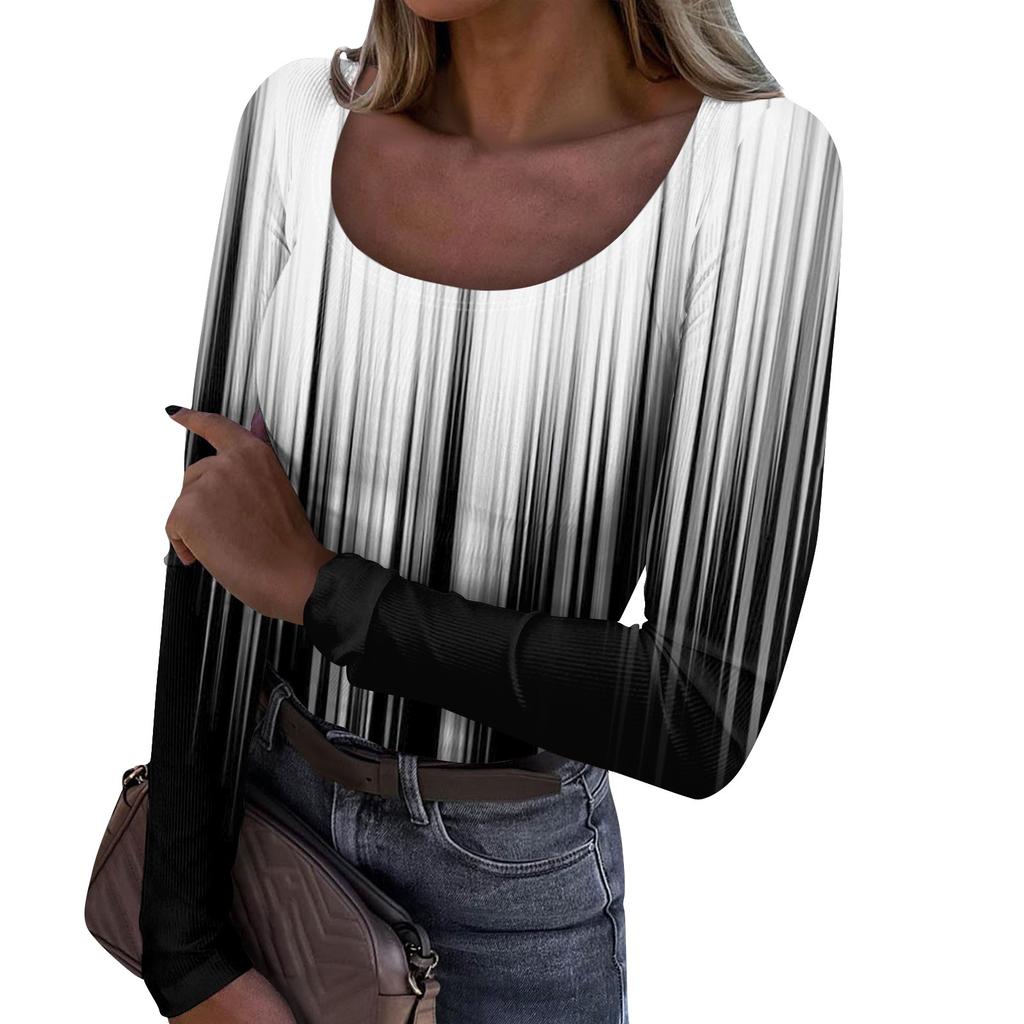 Women's Autumn And Winter Slim Fit Base T-shirt Fashionable Casual Gradient Regular Print U-neck Pullover Long Sleeved Top