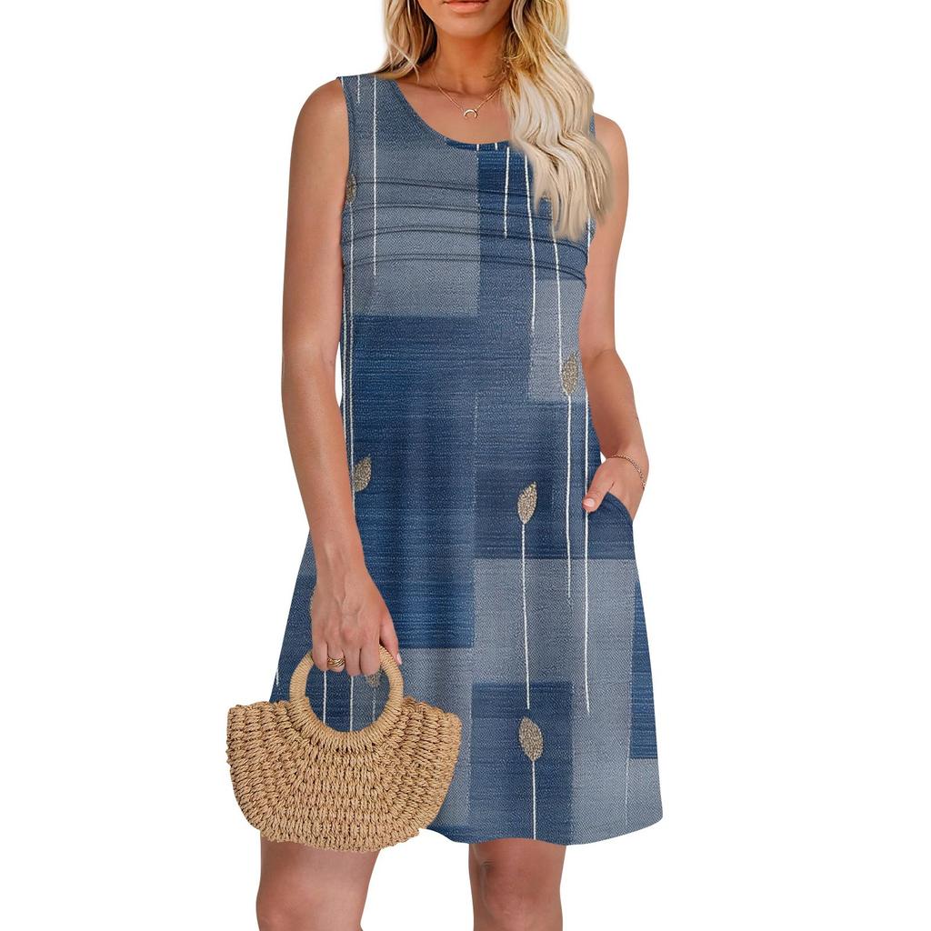 Женские летние платья с круглым вырезом, плиссировкой спереди, без рукавов, карманами, сарафаном, повседневным платьем