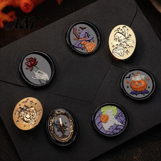 Ghost Wax Stamp Halloween Themed Brass Seal Head, Pumpkin Witch Bat Engraved Pattern Sealing Replacement Head for Envelope Journal Gift Wrap