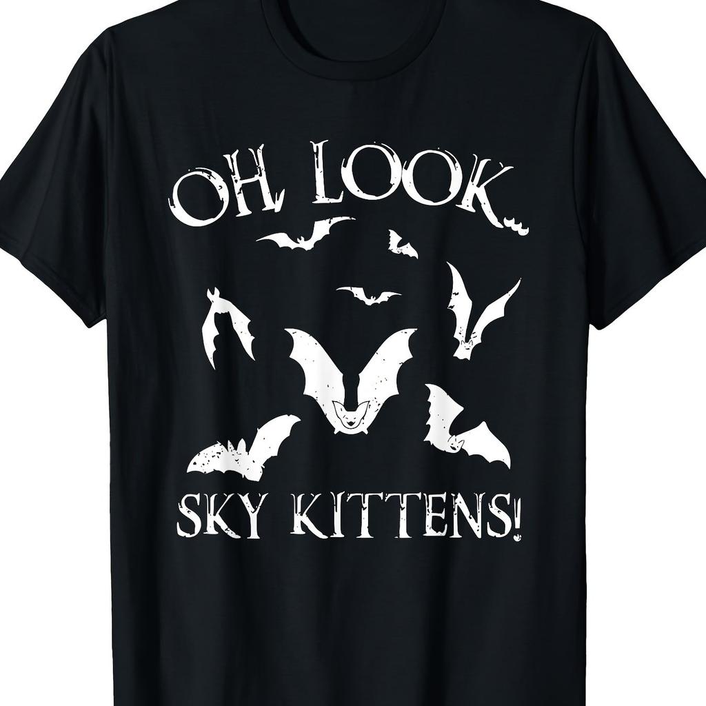 Мужская футболка с рисунком летучей мыши О, смотрите, дизайн «Небесные котята» Мягкая 180 г/м² Чистый хлопок Повседневная футболка с коротким рукавом для повседневной одежды