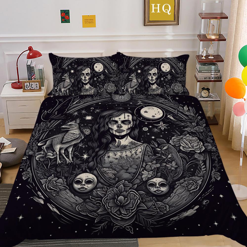 Beauty Skull Printed Bed Clothes Double Size Polyester Comforter Cover Set High Quality Luxury Bed Set