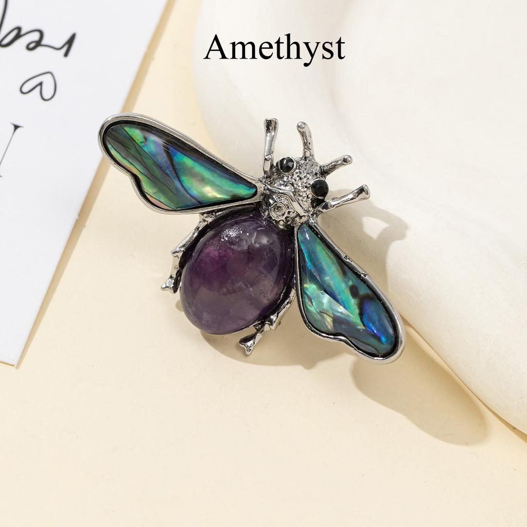 1Pc, Natural Stone Ladybird Shape Brooches, Boho Reiki Healing Crystal Amethyst Malachite Lapis Lazuli Gemstone Brooch Pin for Women Men Jewelry