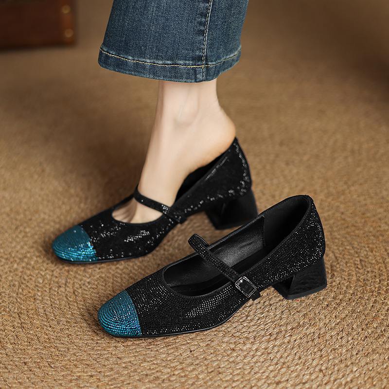 Krazing Pot Замшевые бусины из хрусталя, весна-лето, размер 41, туфли на среднем каблуке, женские туфли Мэри Джейн с квадратным носком и неглубокой подошвой
