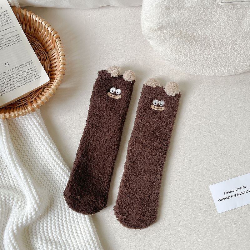 Носки из кораллового флиса для женщин на зиму Утепленные плюшевые теплые носки для сна Милые мультяшные напольные носки и длинные чулки