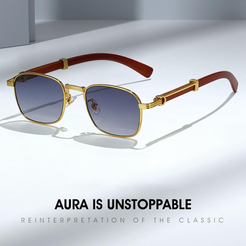 HBK Vintage Small Round Frame Alloy Sunglasses with Wooden Temples Gradient Lenses