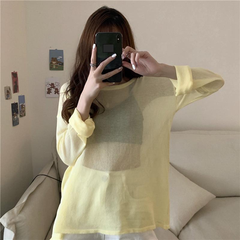 Женский летний тонкий топ с круглым вырезом и длинным рукавом, свободная дышащая верхняя одежда, футболка, солнцезащитная блузка, топ, пуловер, сплошной цвет